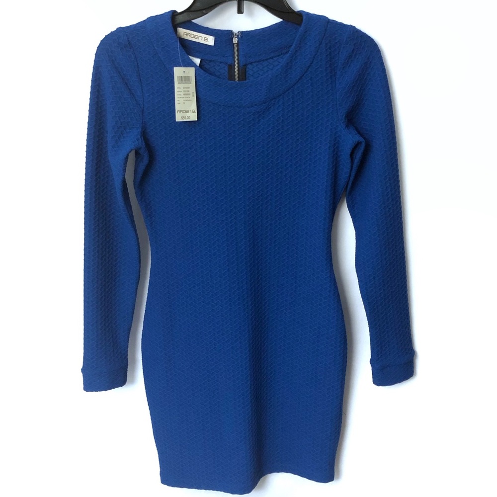 Arden B Dress Bodycon Minidress Long Sleeve Blue Stretch Textured Fabric Small